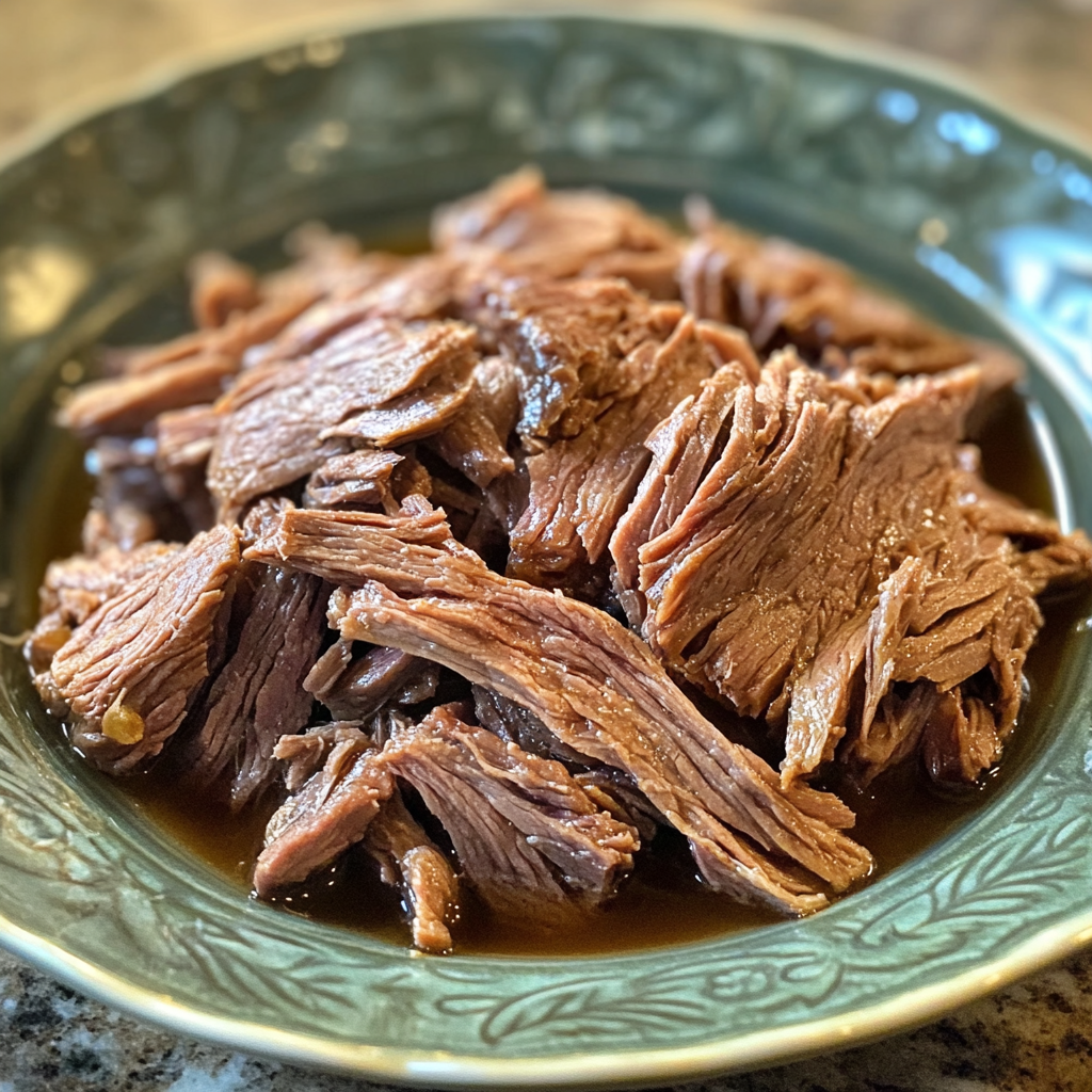 Shredded chuck roast on a wooden platter