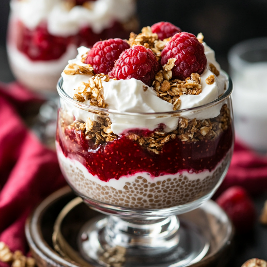 Raspberry Chia Pudding topped with fresh raspberries, mint, and coconut flakes in a glass jar.