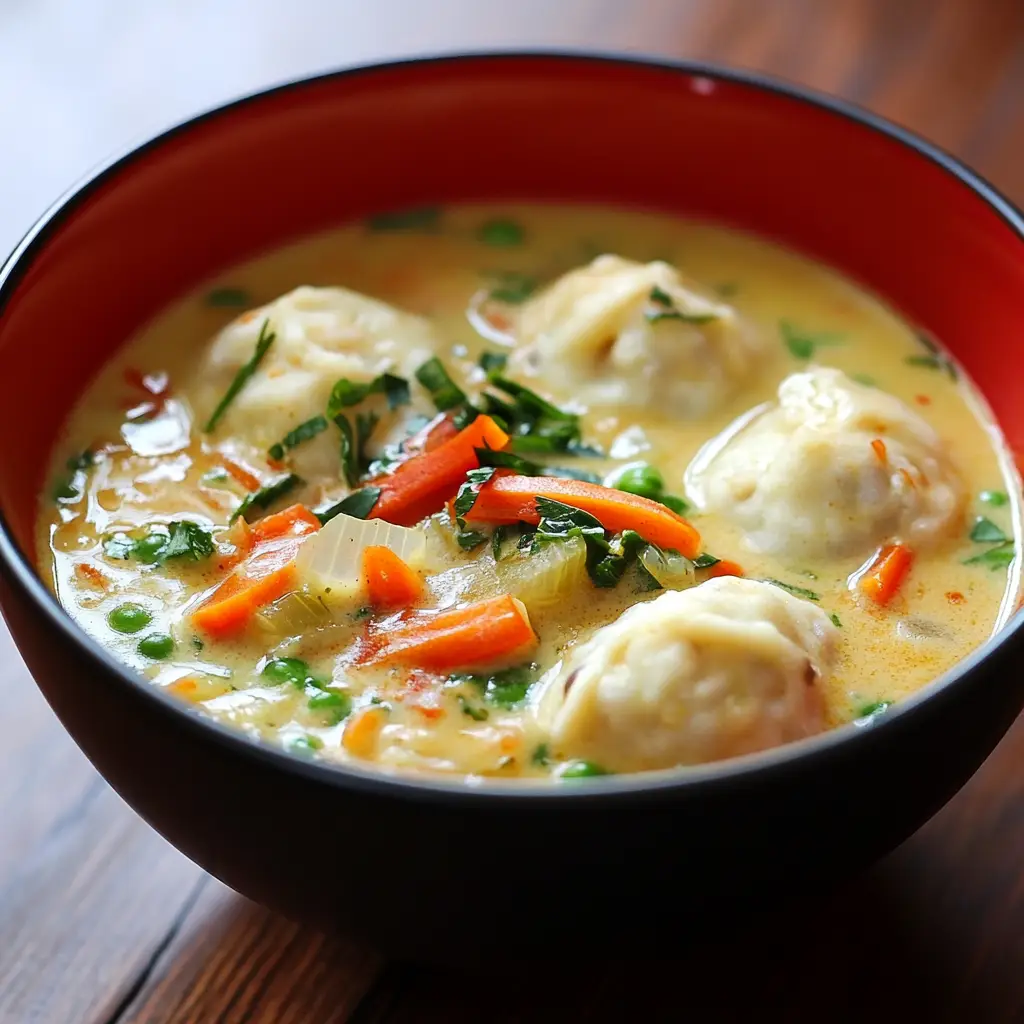 Bowl of coconut curry soup with dumplings, garnished with cilantro and lime