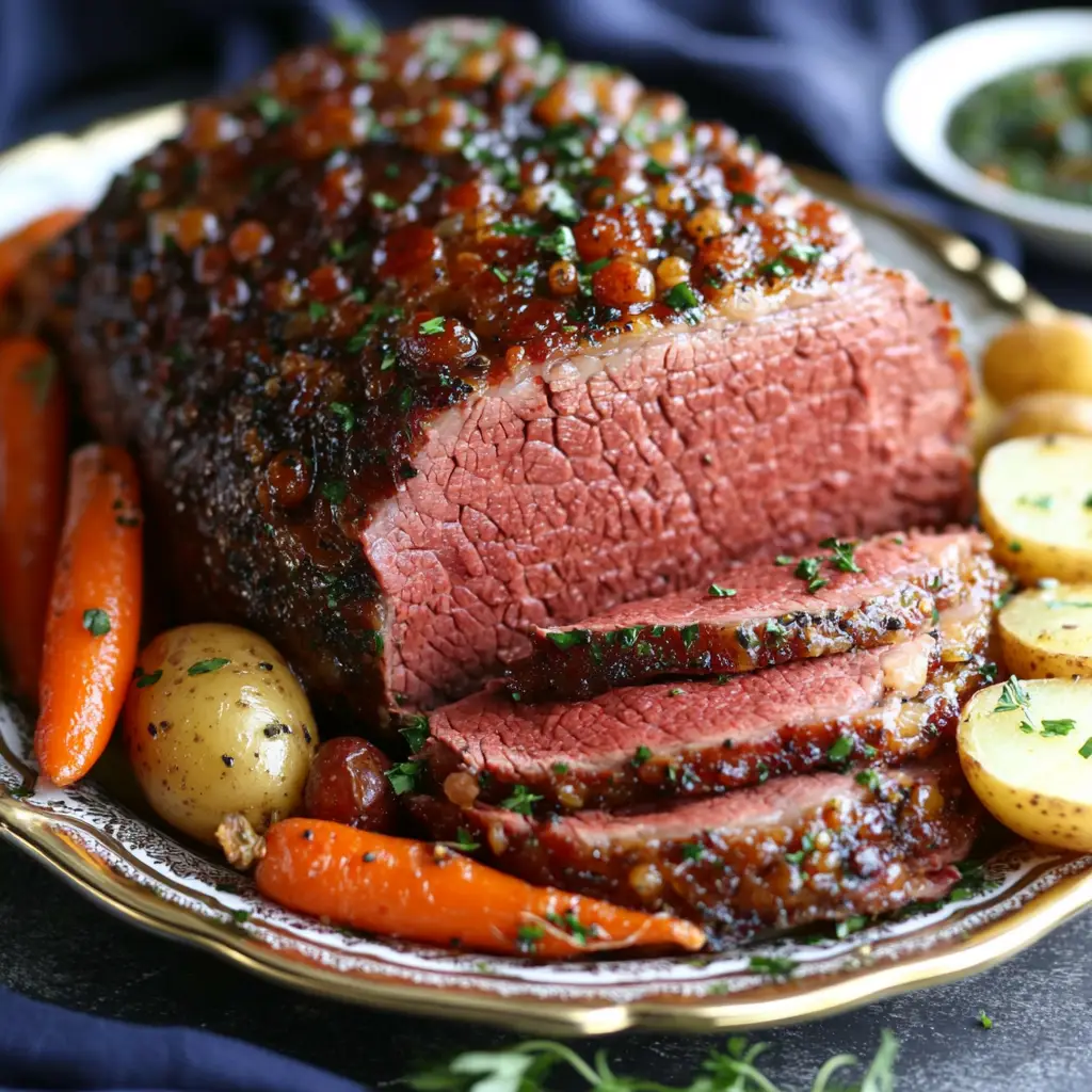 Sliced corned beef served with cabbage, carrots, and potatoes on a platte