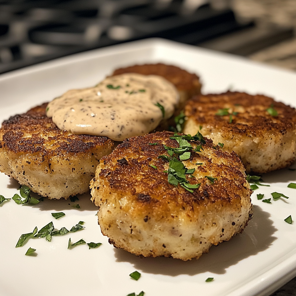 "Crispy crab cakes with creamy remoulade sauce and lemon garnish