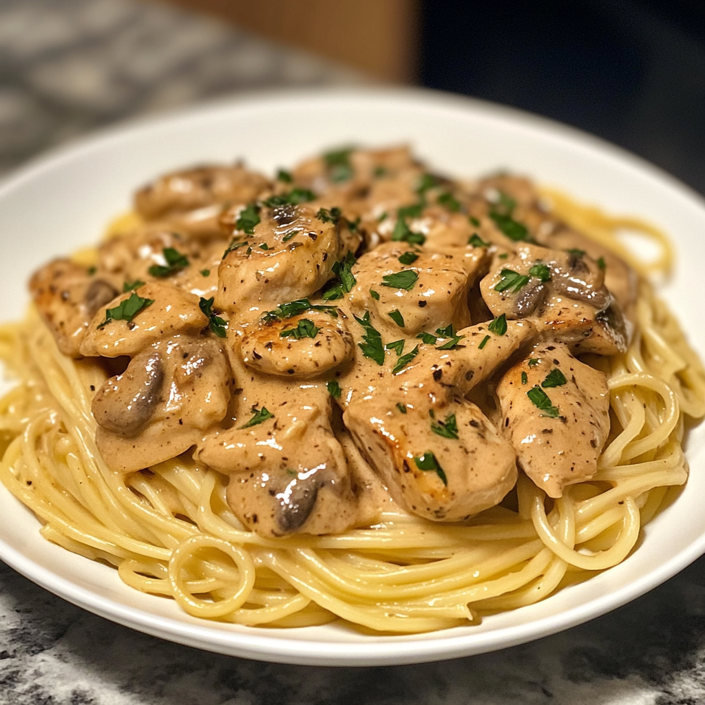 Creamy chicken marsala served with mashed potatoes and garnished with parsley