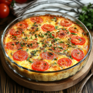 A slice of crustless quiche on a plate with salad and parsley garnish.