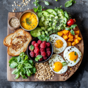 A completed Healthy Breakfast Feast with fruits, grains, eggs, and toast arranged on a large serving platter.