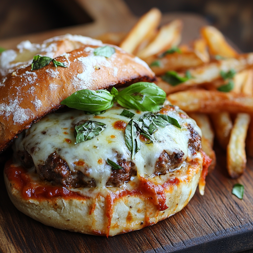 A finished Pizza Burger served with garlic fries and garnished with fresh basil.