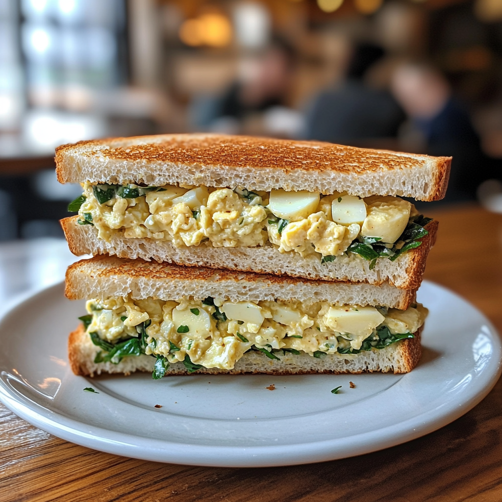 Egg salad sandwich with creamy filling, lettuce, and herbs on toasted bread