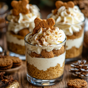 No-Bake Gingerbread Cheesecake Cups topped with whipped cream and gingerbread cookie crumbles.