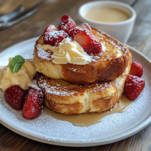 French Brioche Toast topped with powdered sugar, fresh berries, and maple syrup