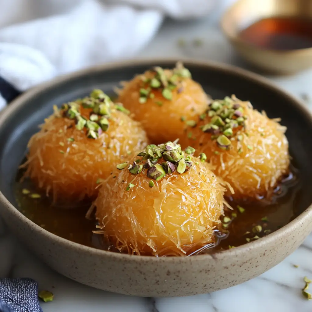 Golden Kataifi dessert rolls drizzled with syrup and garnished with pistachios.