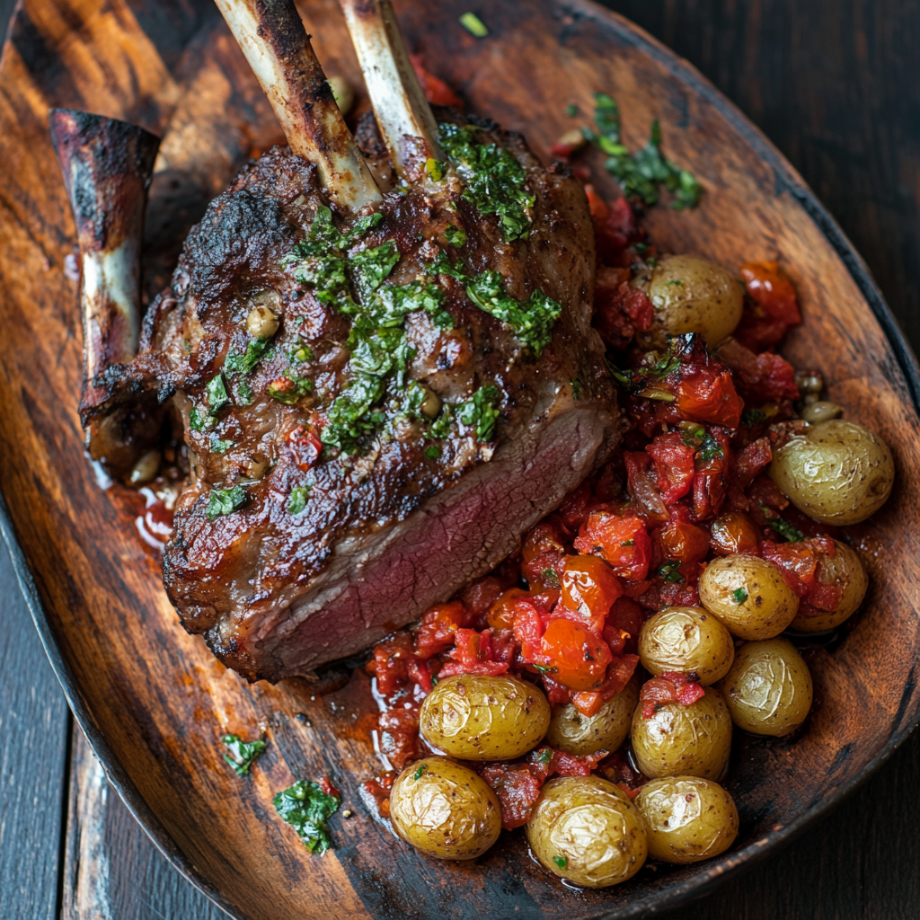 Greek-Style Roast Lamb with crispy potatoes and tomato olive sauce on a platter.