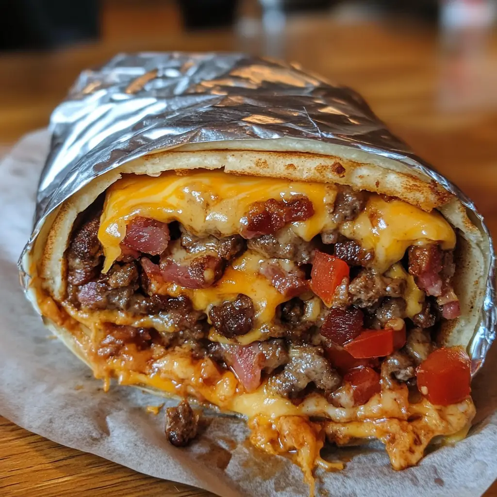 Bacon Cheeseburger Burrito cut in half showing layers of beef, cheese, and bacon.