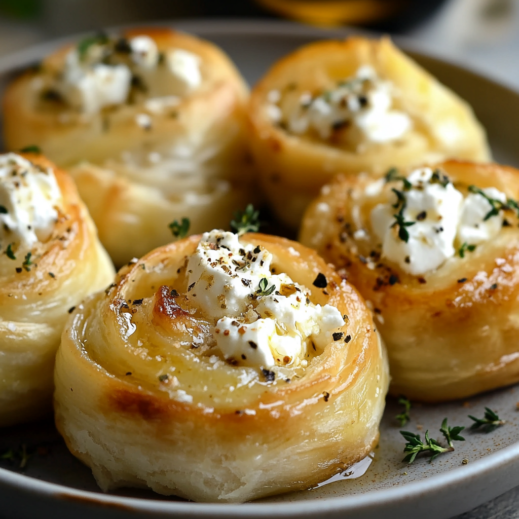 Golden Honey Feta Rolls topped with sesame seeds and drizzled with honey.