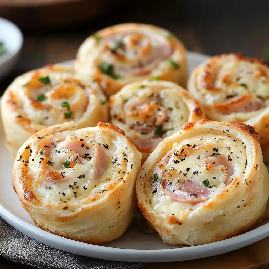 Golden Hot Ham and Cheese Pinwheels served on a wooden platter