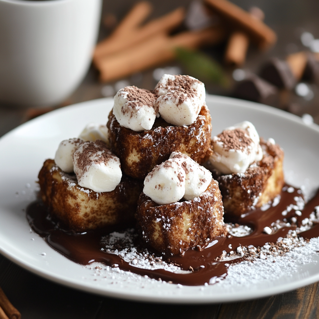 Hot Chocolate French Toast Bites served with hot chocolate and berries on a cozy breakfast table