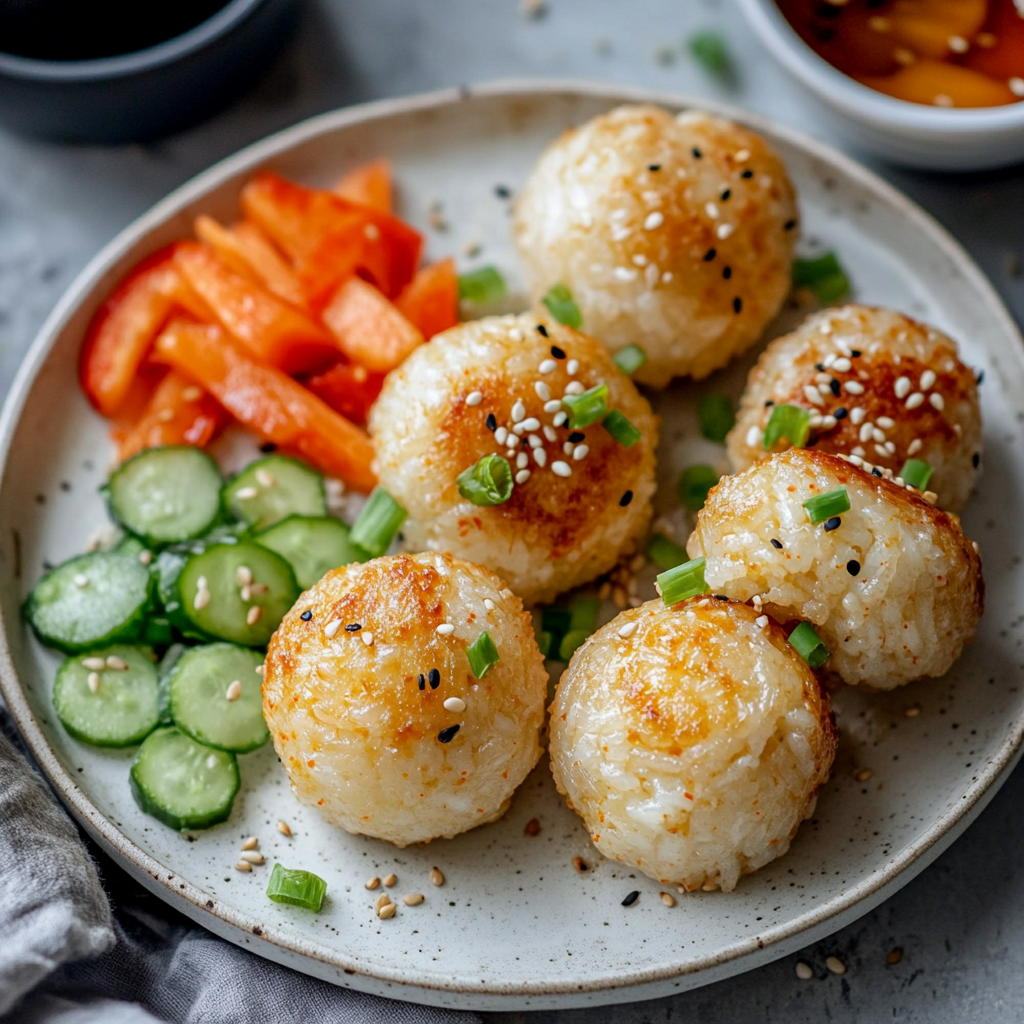 Korean Rice Balls garnished with sesame seeds and served with dipping sauces and pickled vegetables.