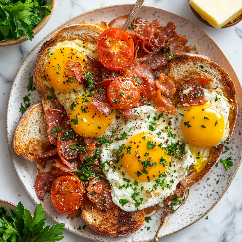 A plated Full English Breakfast with bacon, sausages, eggs, mushrooms, beans, tomatoes, and toast neatly arranged.
