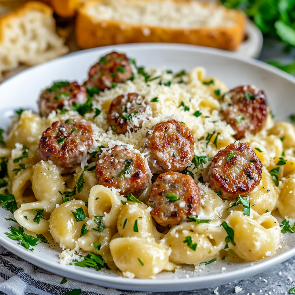Garlic Butter Sausage Bites with Creamy Parmesan Pasta served in a bowl with garnishes.