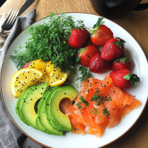 Completed Smoked Salmon & Avocado Breakfast Plate with toast, garnishes, and a side of fruit.