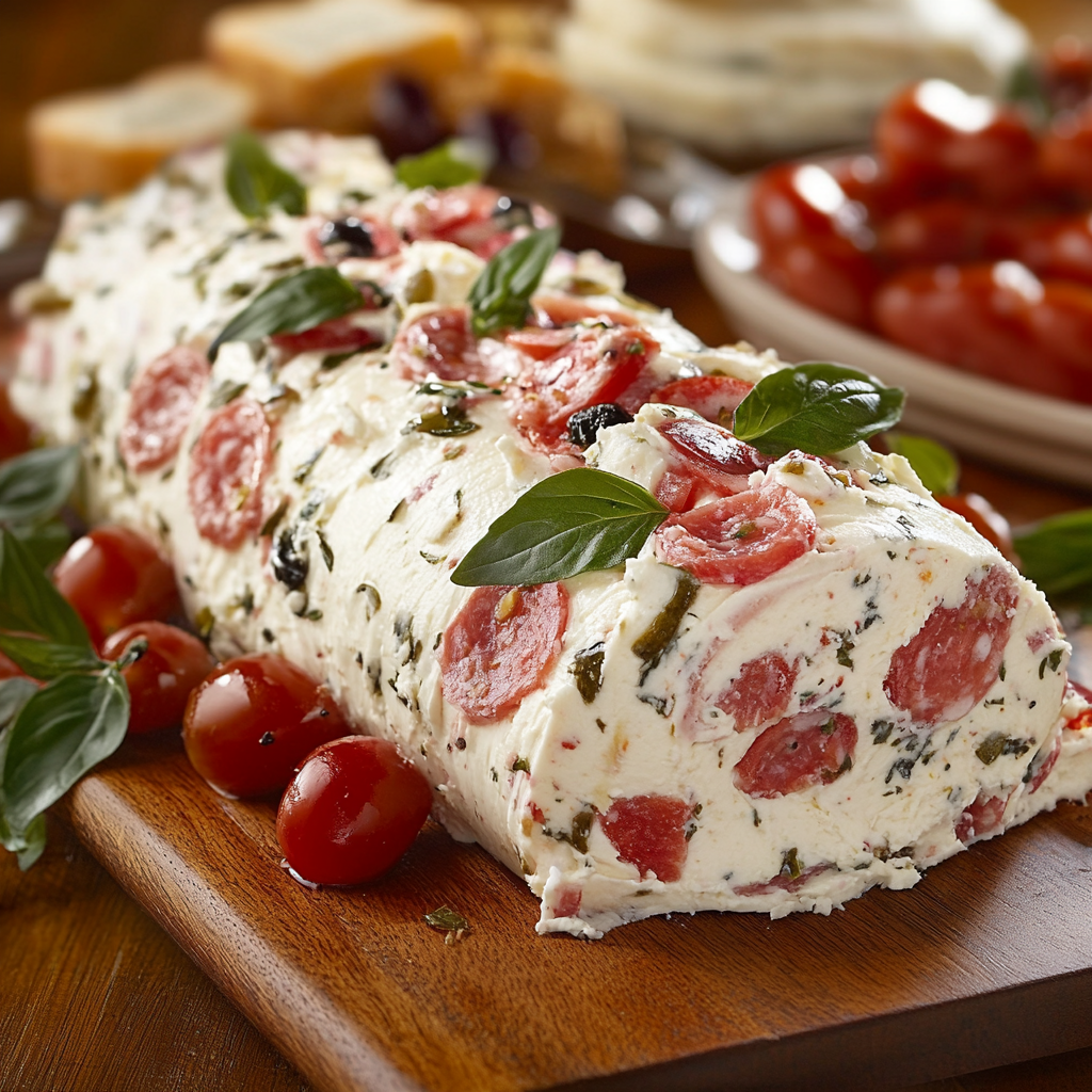 Antipasto Cream Cheese Log with fresh herbs and cracked pepper