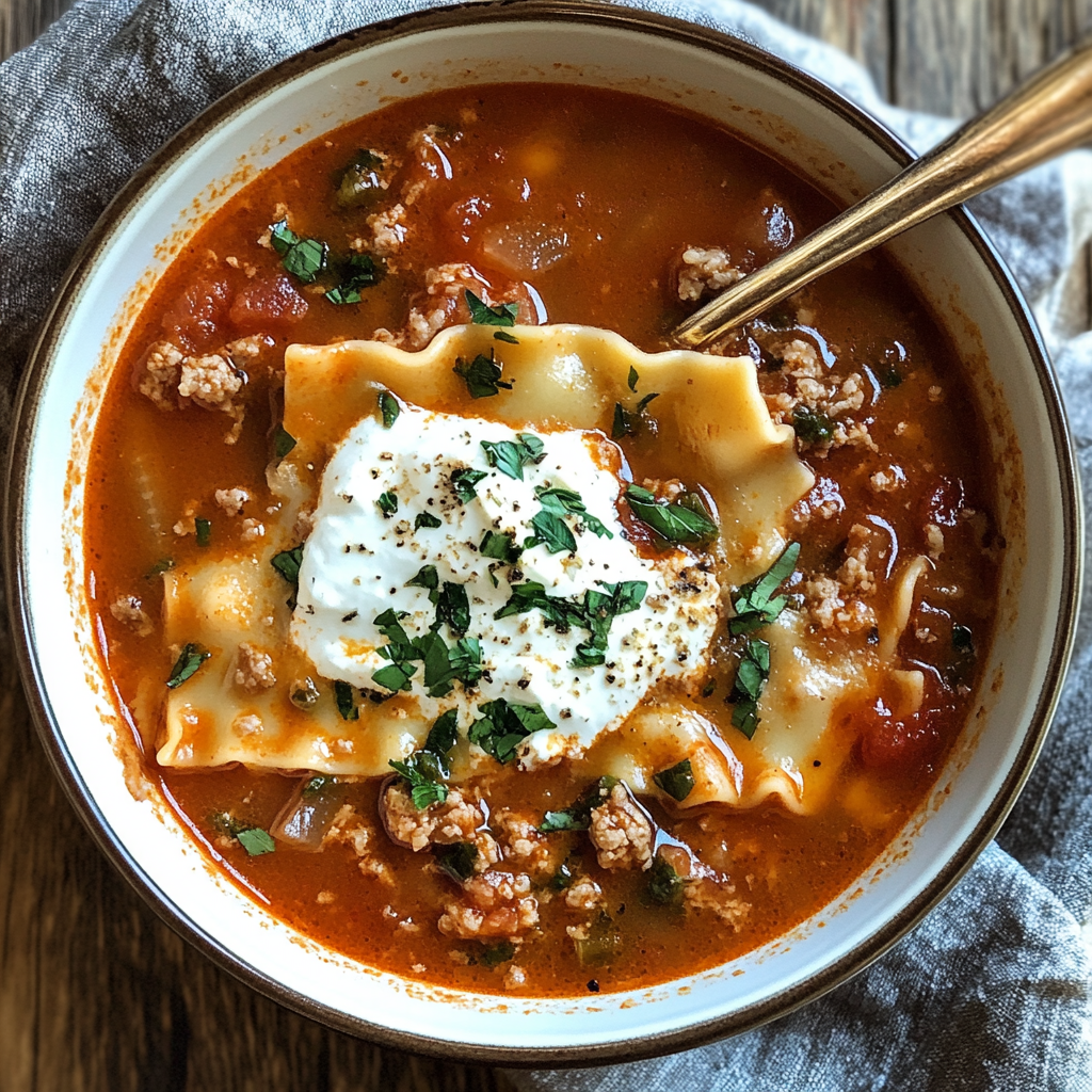 A large pot of Lasagna Soup served family-style with a ladle, surrounded by basil, Parmesan, and garlic bread