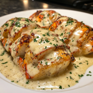 Creamy garlic butter lobster tails served with lemon slices and parsley.