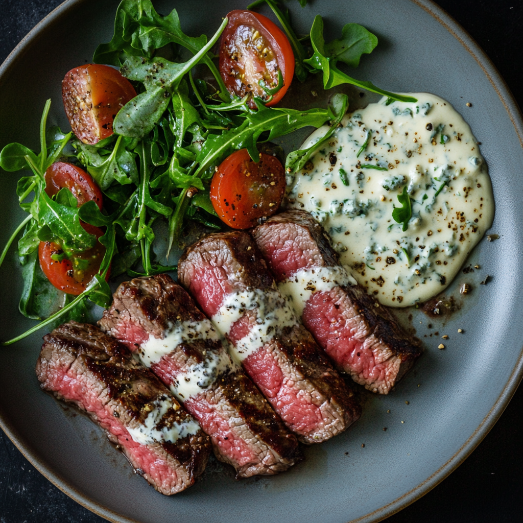 Pan-Seared Strip Steak topped with Gorgonzola cream, garnished with parsley.