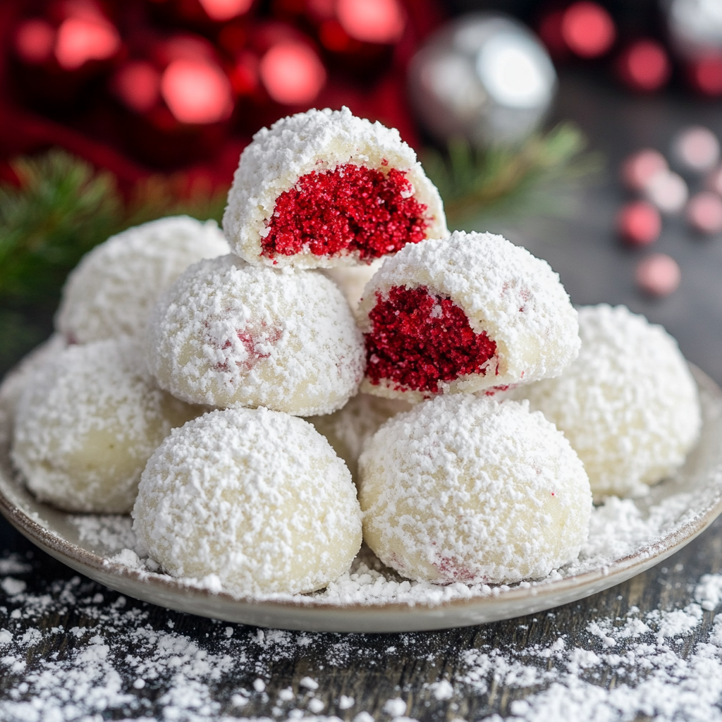 Red Velvet Snowball Cookies coated in powdered sugar on a festive plate.