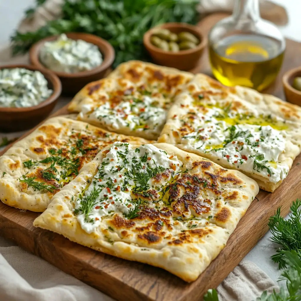 Baked Cottage Cheese Flatbread topped with fresh herbs on a wooden serving board