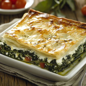 Spanakorizo, a Greek spinach and rice dish garnished with dill and lemon slices