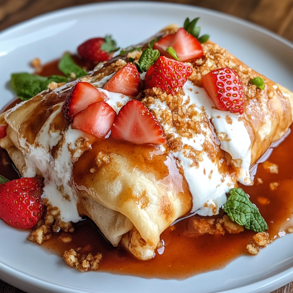 Golden Strawberry Cheesecake Chimichangas coated with cinnamon sugar, garnished with whipped cream and strawberries