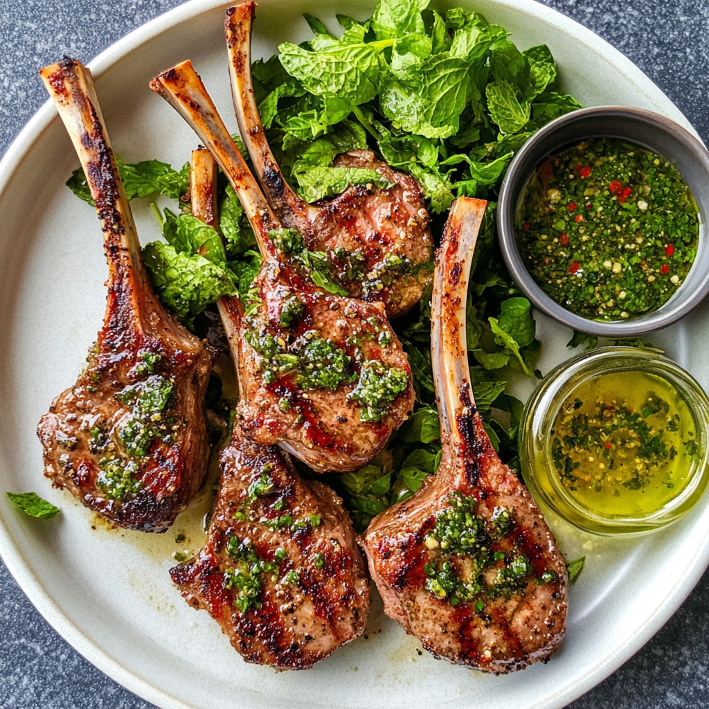 Plated spiced lamb chops drizzled with mint vinaigrette, garnished with lemon wedges and mint.