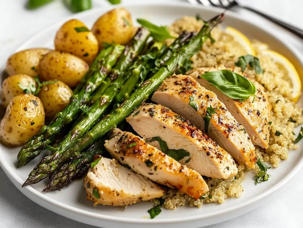 Tucsan Chicken dinner plate with garlic potatoes, quinoa, and asparagus.