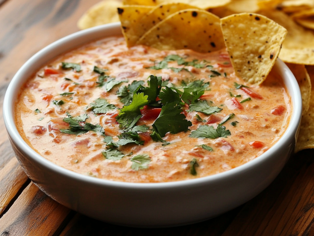 Creamy Rotel dip with melted cheese and tortilla chips