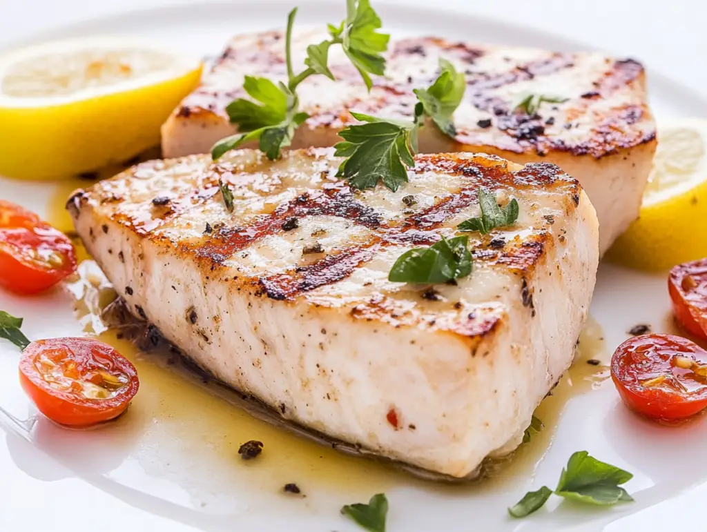 Pan-seared swordfish steak with lemon and parsley garnish
